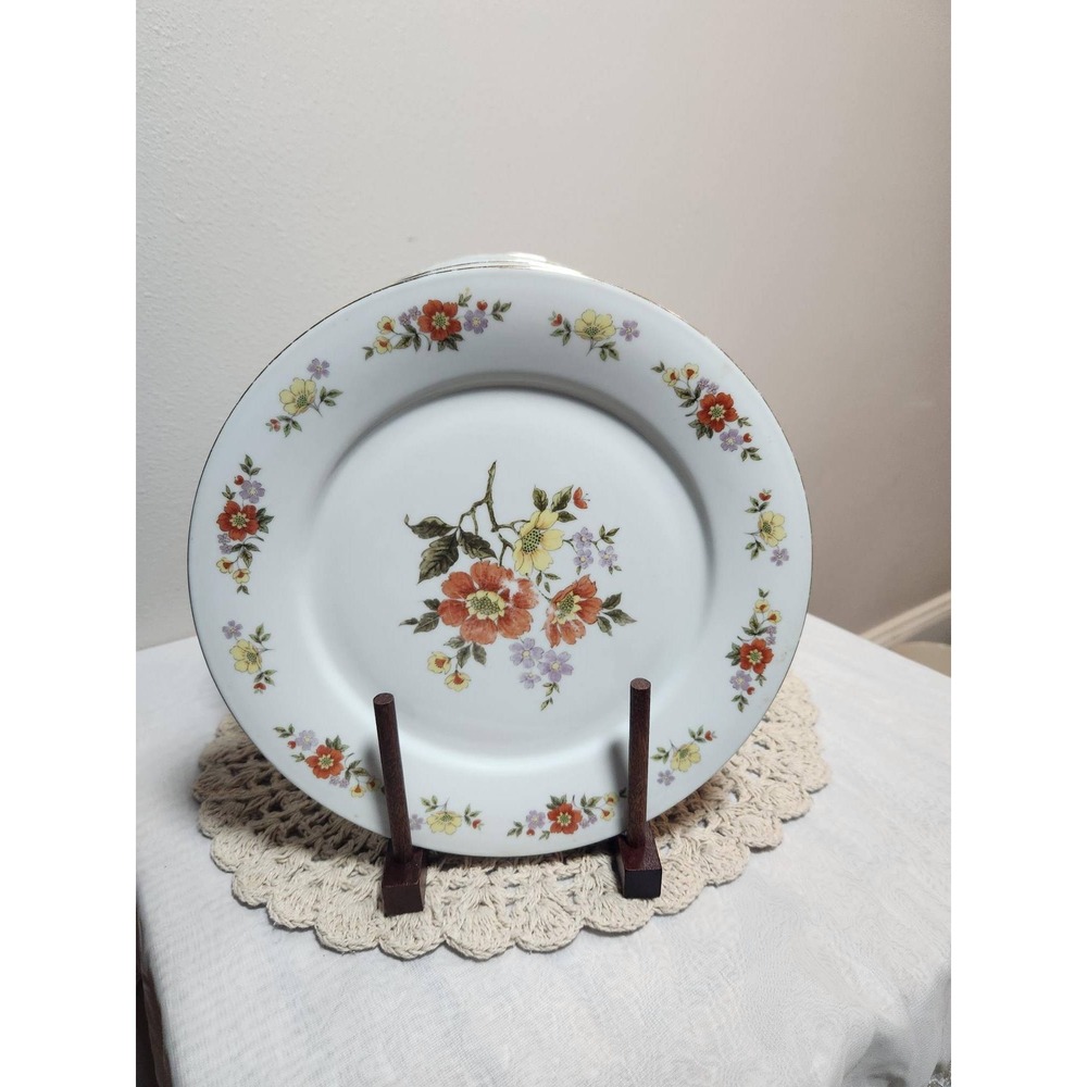 Dynasty Fine China Dinner Plates Set of 5 Floral White Orange Silver Rim 10.5 in
